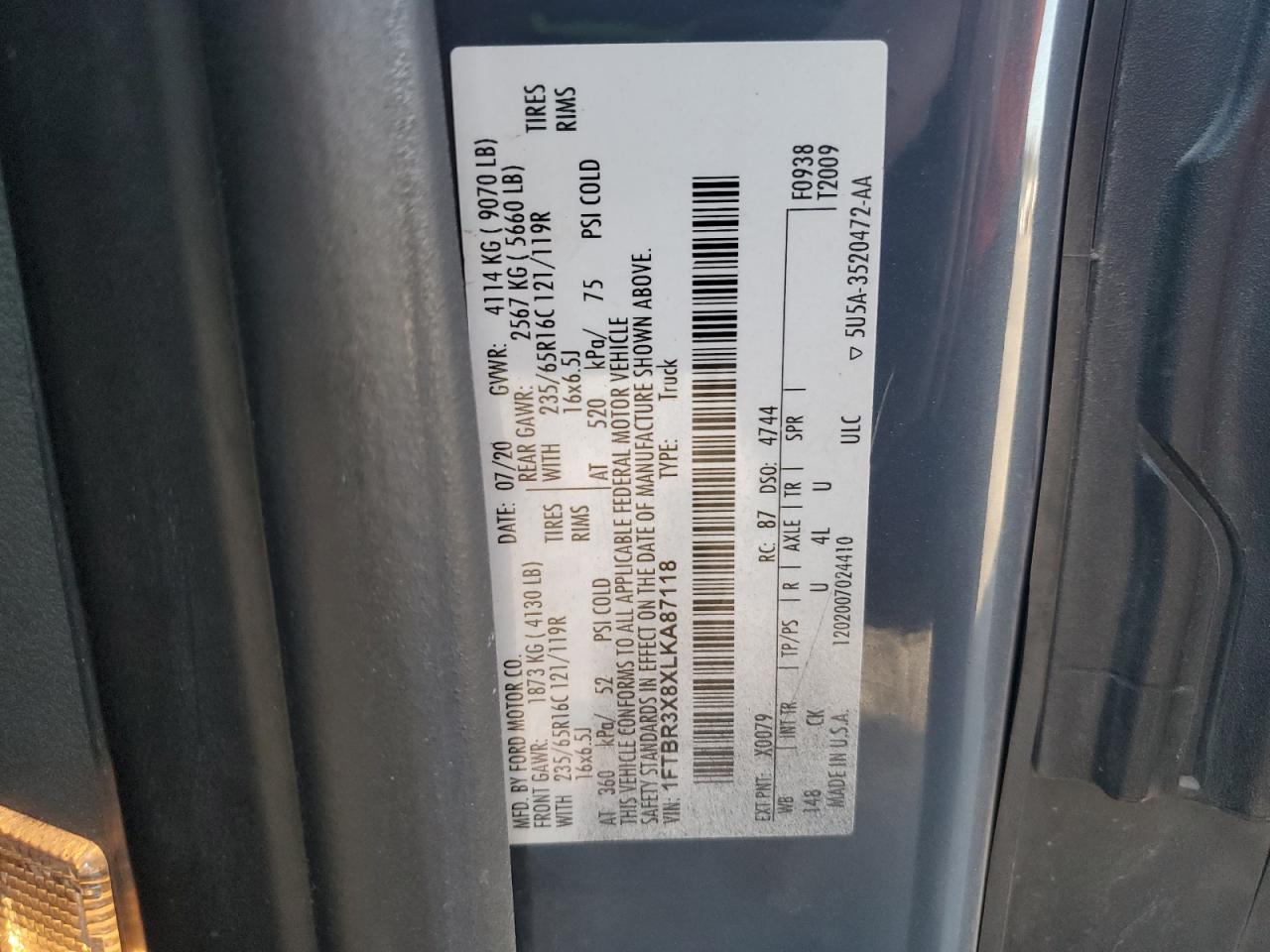 2020 Ford Transit Delivery Van VIN: 1FTBR3X8XLKA87118 Lot: 90246815