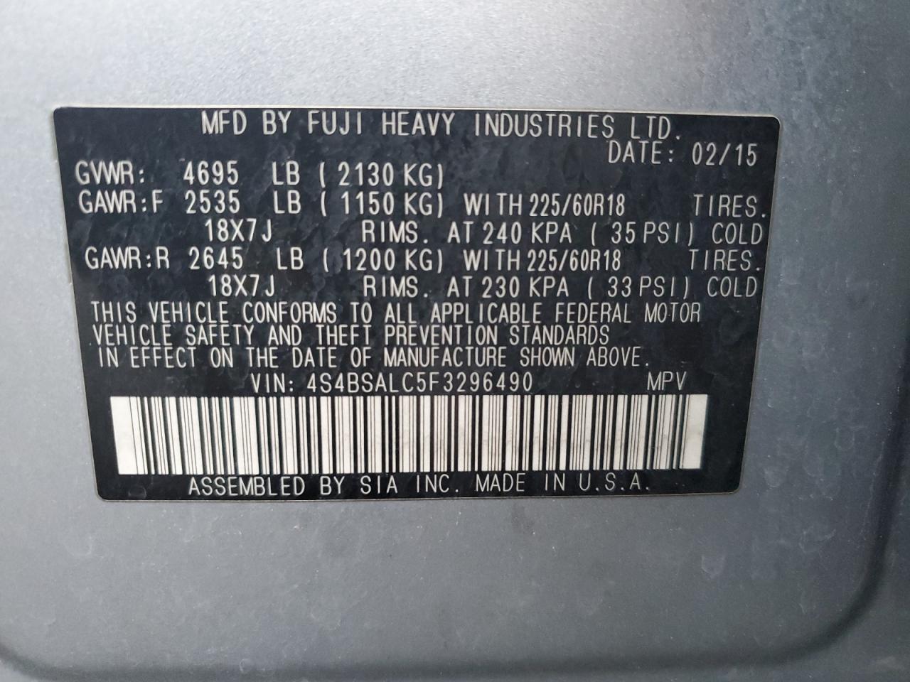 2015 Subaru Outback 2.5I Limited VIN: 4S4BSALC5F3296490 Lot: 93611175