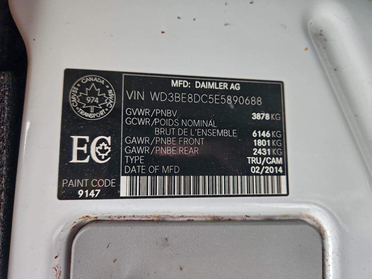 2014 Mercedes-Benz Sprinter 2500 VIN: WD3BE8DC5E5890688 Lot: 90801975