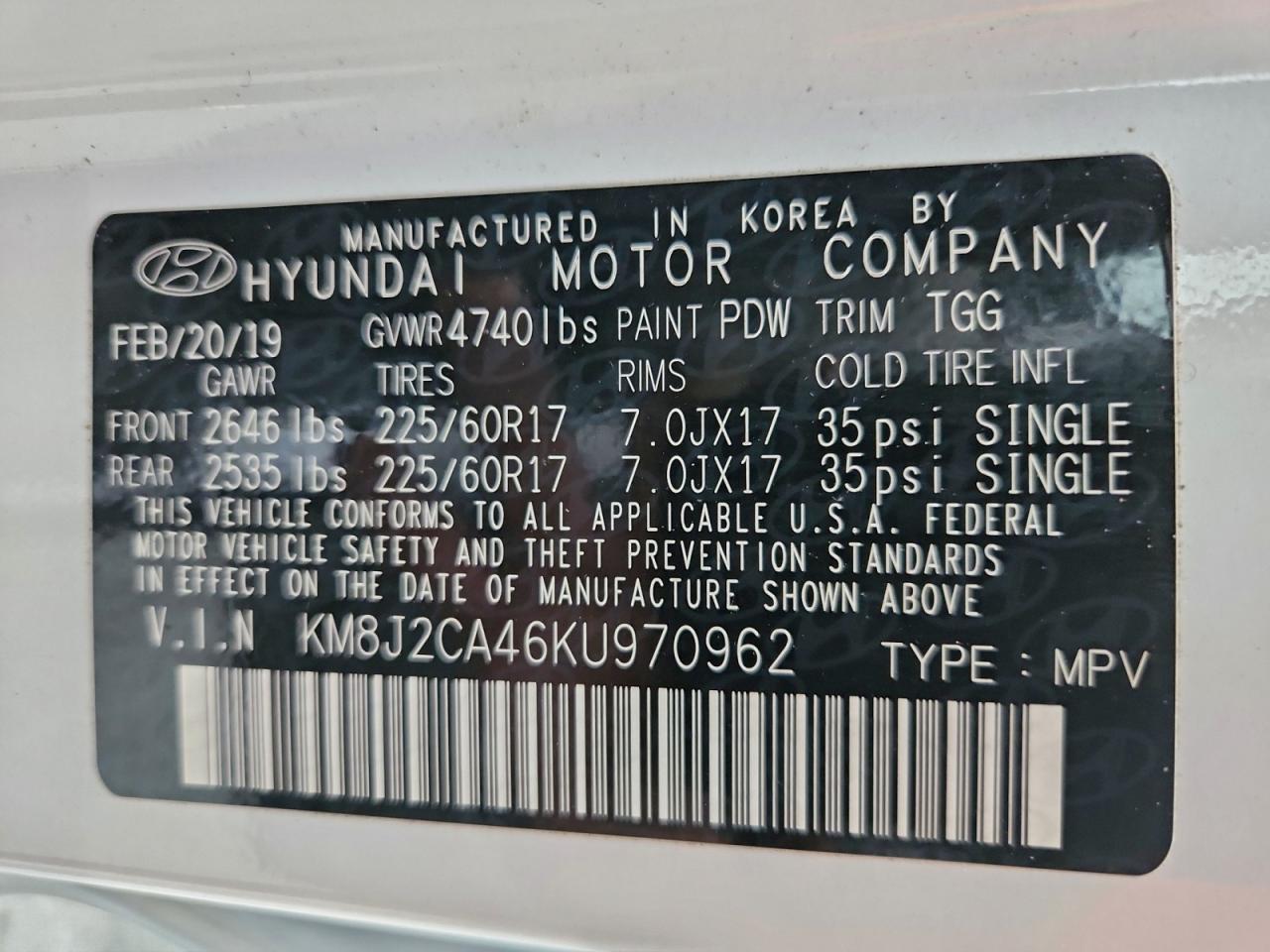 2019 Hyundai Tucson Se VIN: KM8J2CA46KU970962 Lot: 93829885