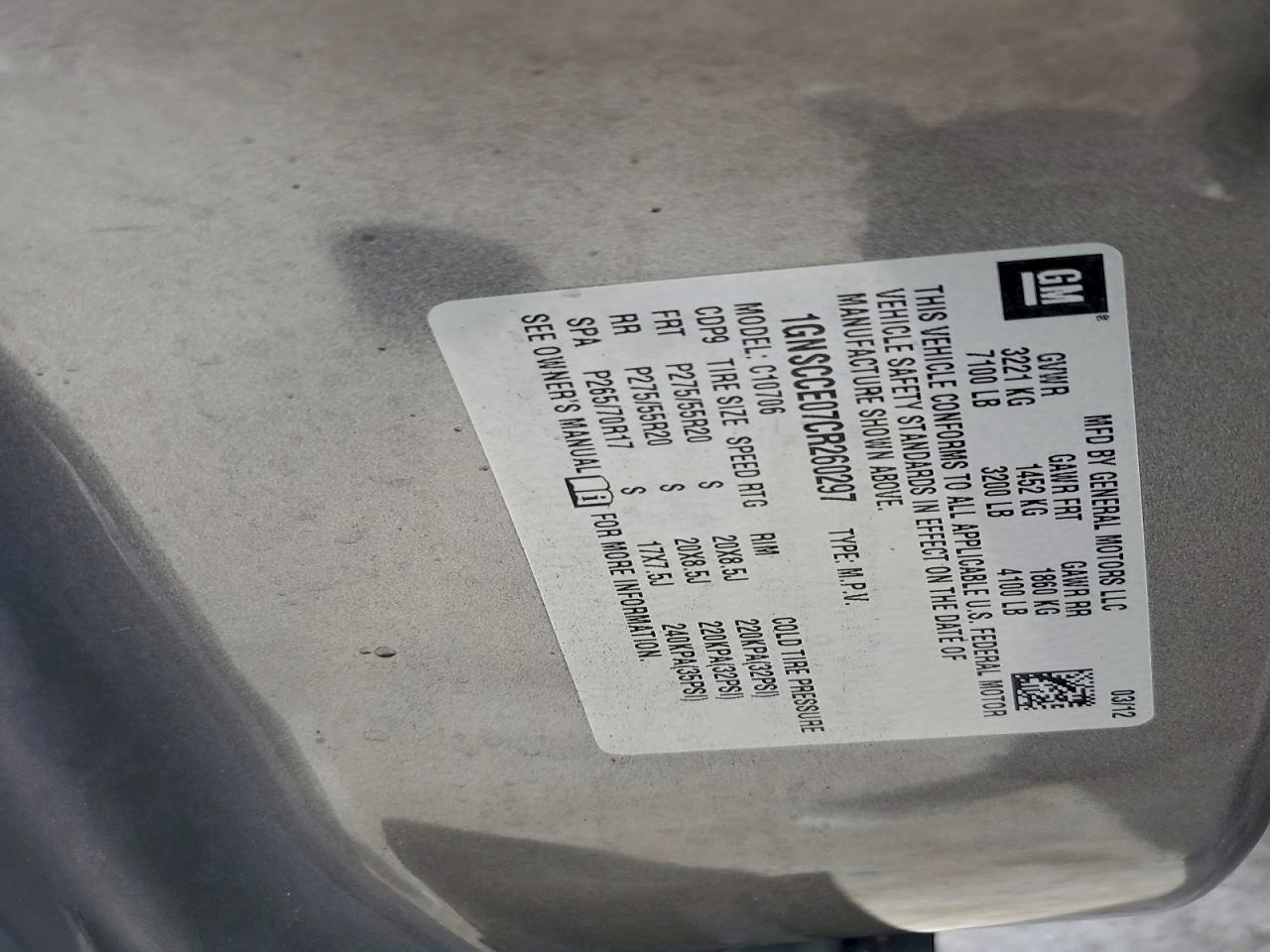 2012 Chevrolet Tahoe C1500 Ltz VIN: 1GNSCCE07CR260297 Lot: 94100865