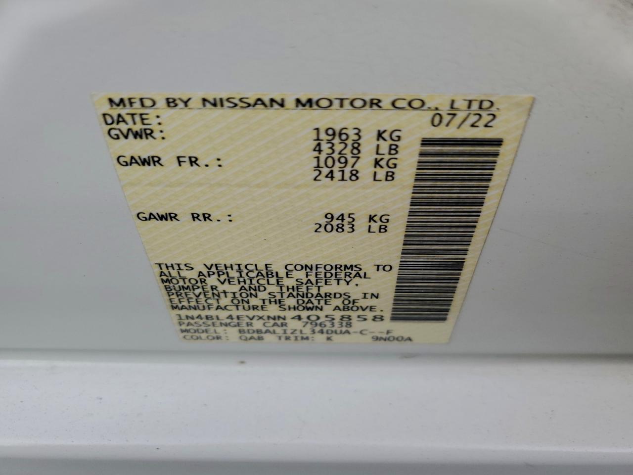 2022 Nissan Altima Sl VIN: 1N4BL4EVXNN405858 Lot: 94513425