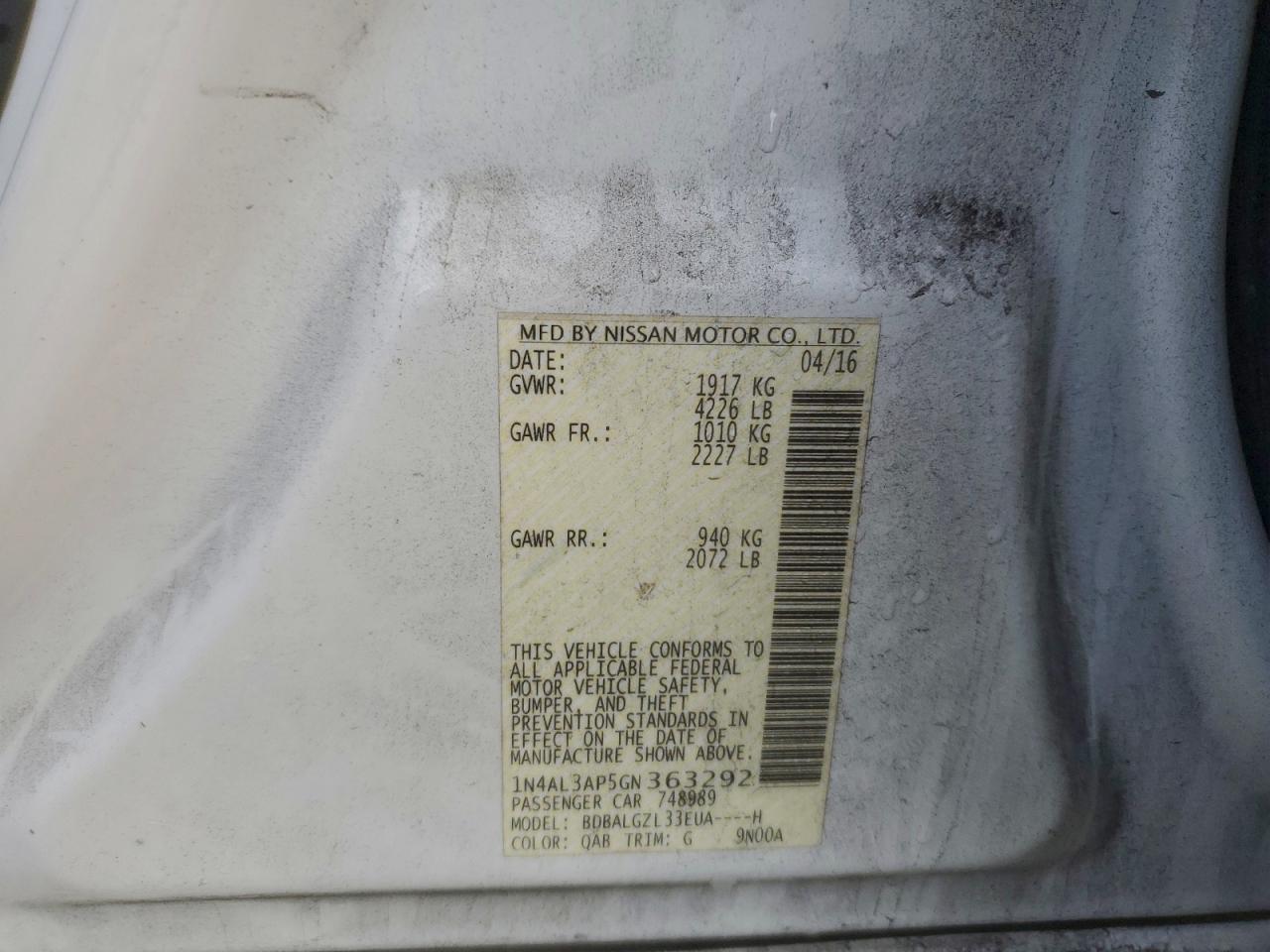 2016 Nissan Altima 2.5 VIN: 1N4AL3AP5GN363292 Lot: 94673005