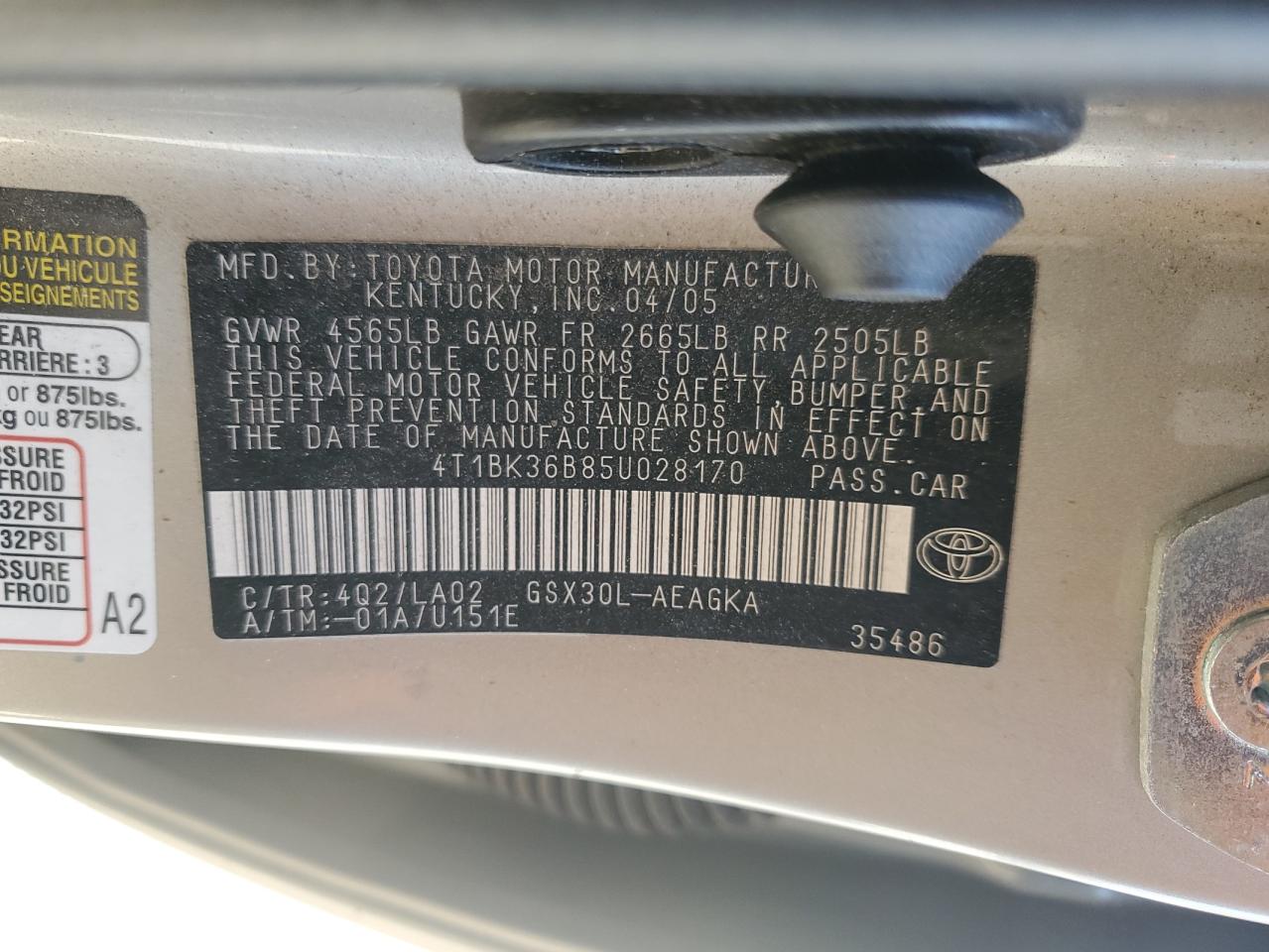 2005 Toyota Avalon Xl VIN: 4T1BK36B85U028170 Lot: 91531085