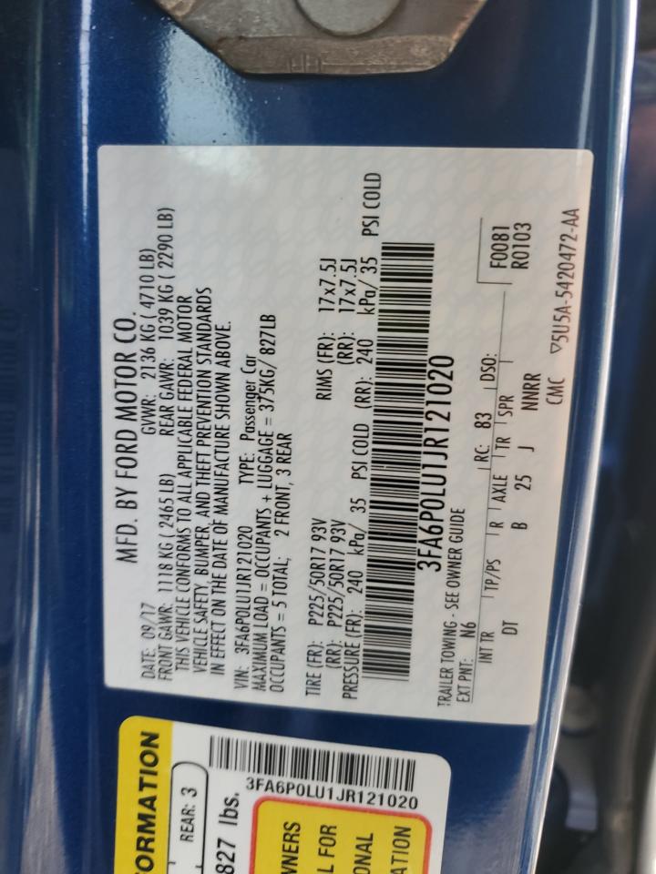 2018 Ford Fusion Se Hybrid VIN: 3FA6P0LU1JR121020 Lot: 92816385