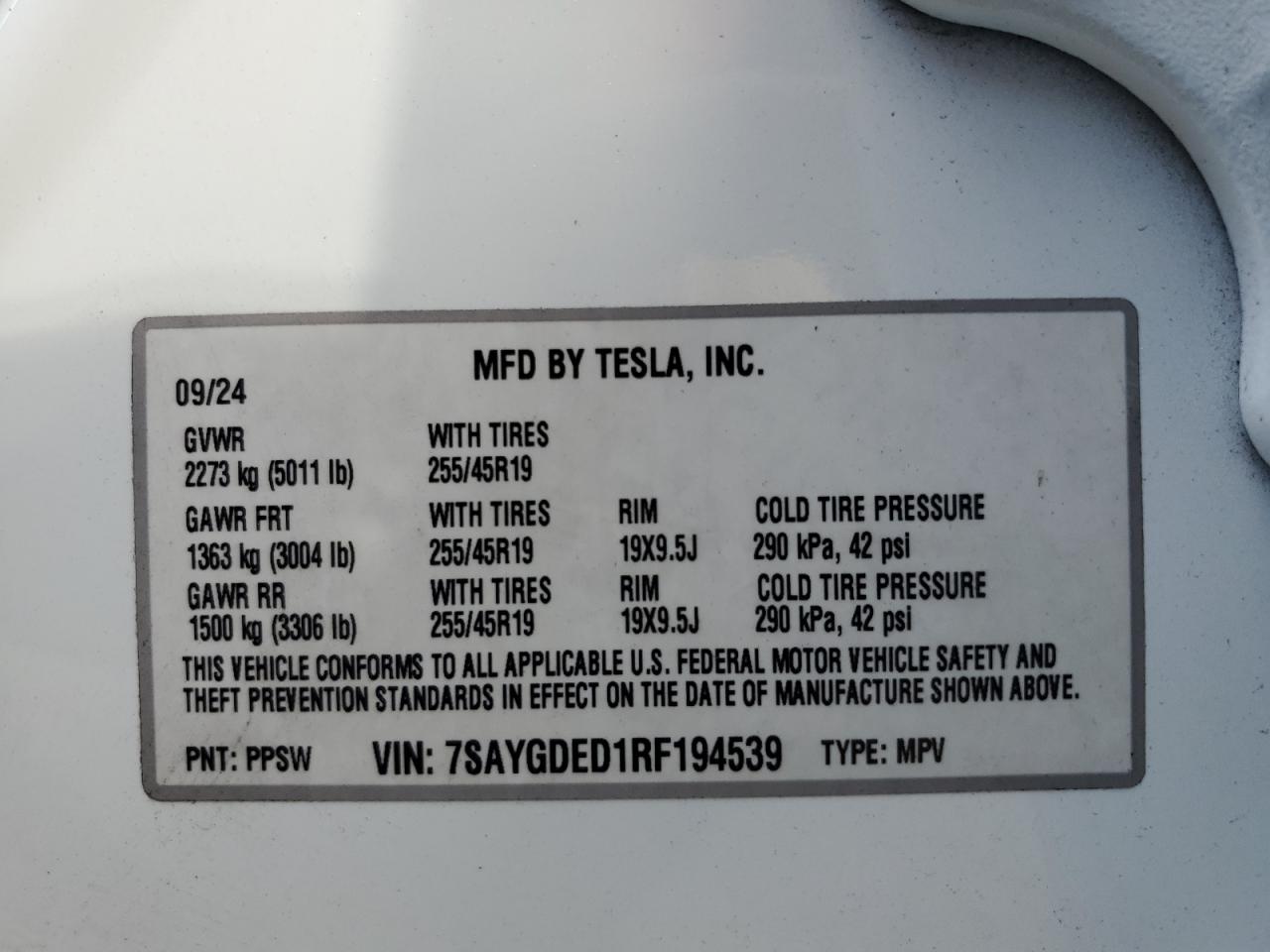 2024 Tesla Model Y VIN: 7SAYGDED1RF194539 Lot: 87478465