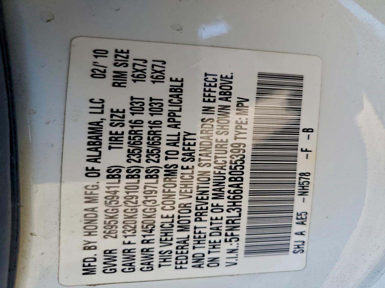 2010 Honda Odyssey Exl VIN: 5FNRL3H66AB055399 Lot: 94469965