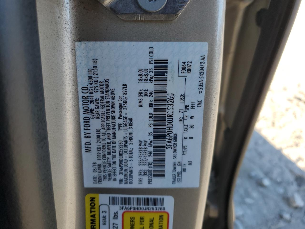 2018 Ford Fusion Se VIN: 3FA6P0HD0JR253260 Lot: 93547795