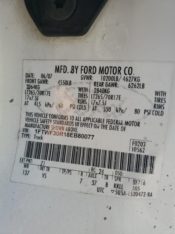 2008 Ford F350 Srw Super Duty VIN: 1FTWF30R18EB80077 Lot: 91263945