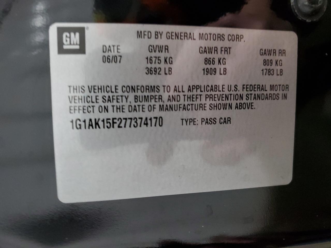 2007 Chevrolet Cobalt Ls VIN: 1G1AK15F277374170 Lot: 92919855