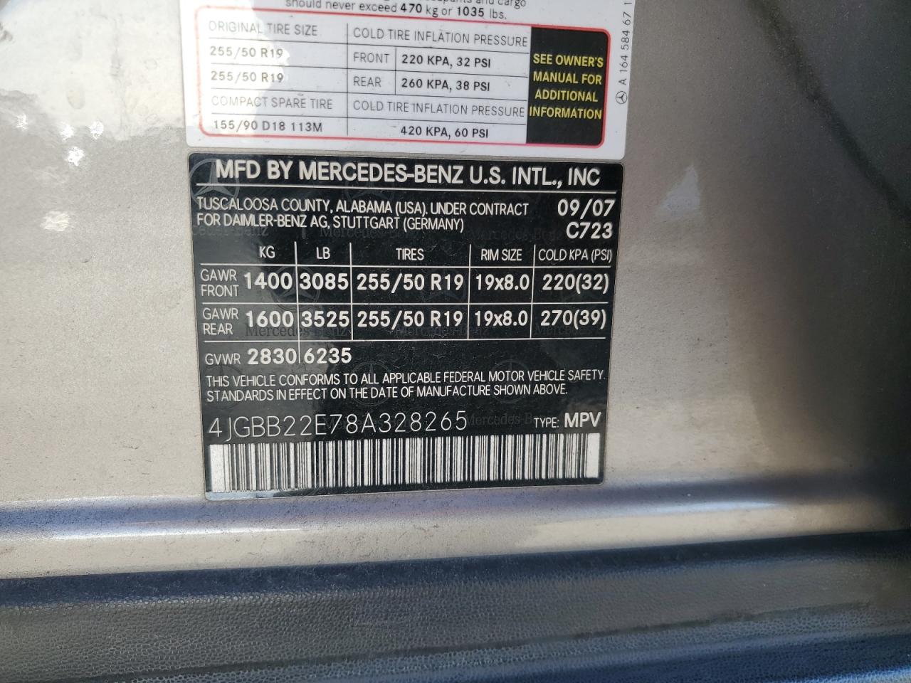 2008 Mercedes-Benz Ml 320 Cdi VIN: 4JGBB22E78A328265 Lot: 92201255