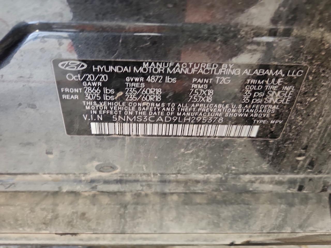 2020 Hyundai Santa Fe Sel VIN: 5NMS3CAD9LH295378 Lot: 93834125