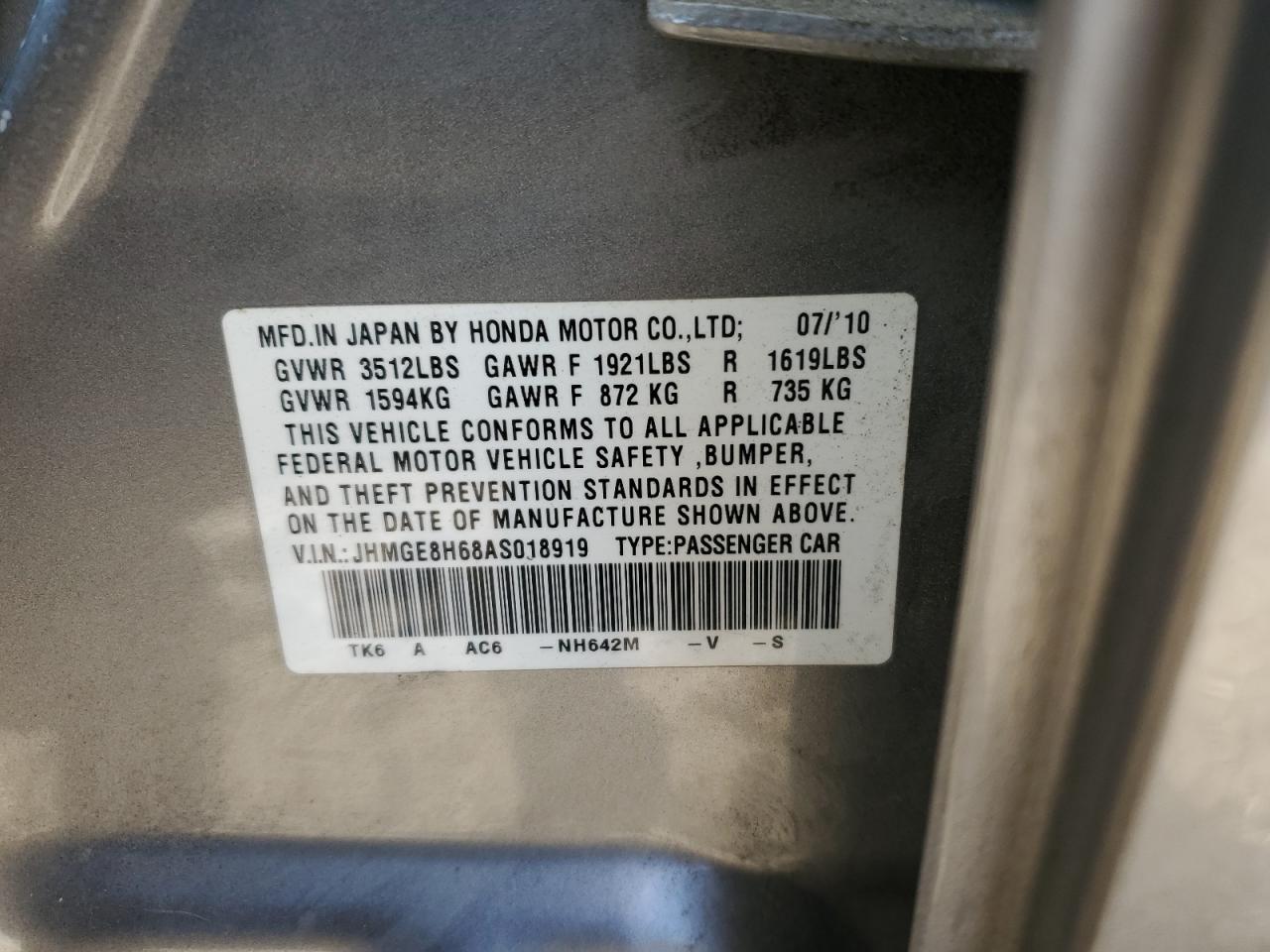 2010 Honda Fit Sport VIN: JHMGE8H68AS018919 Lot: 93818485