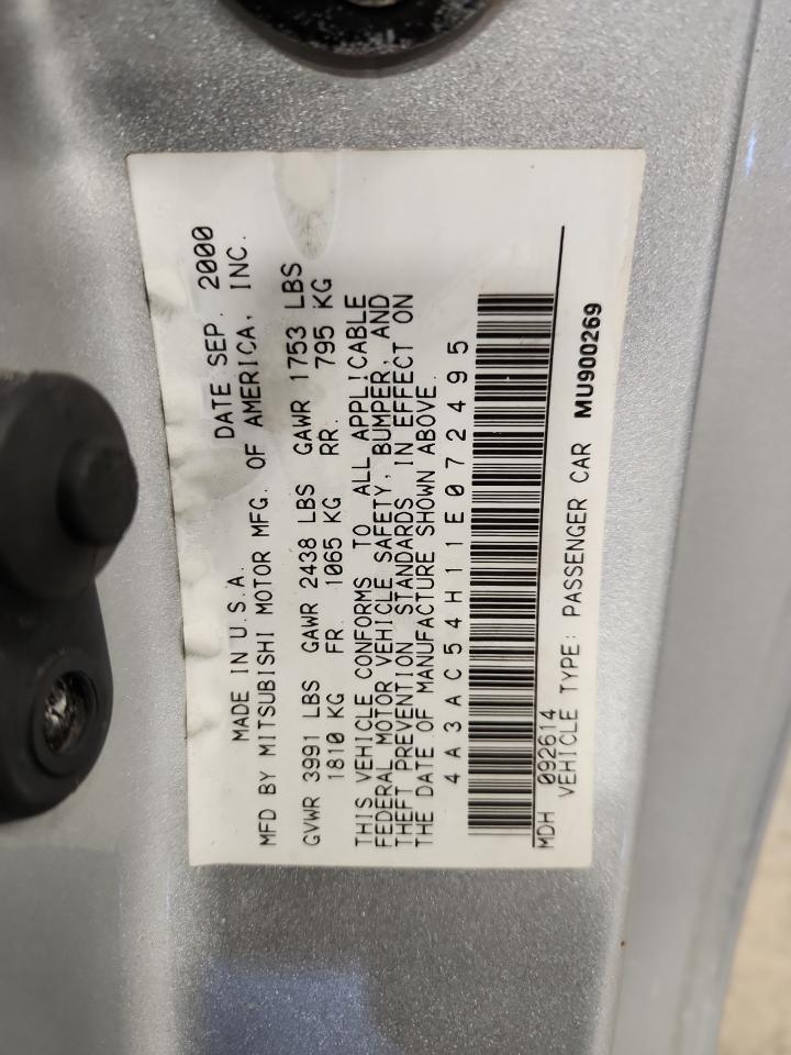 2001 Mitsubishi Eclipse Gt VIN: 4A3AC54H11E072495 Lot: 92723455