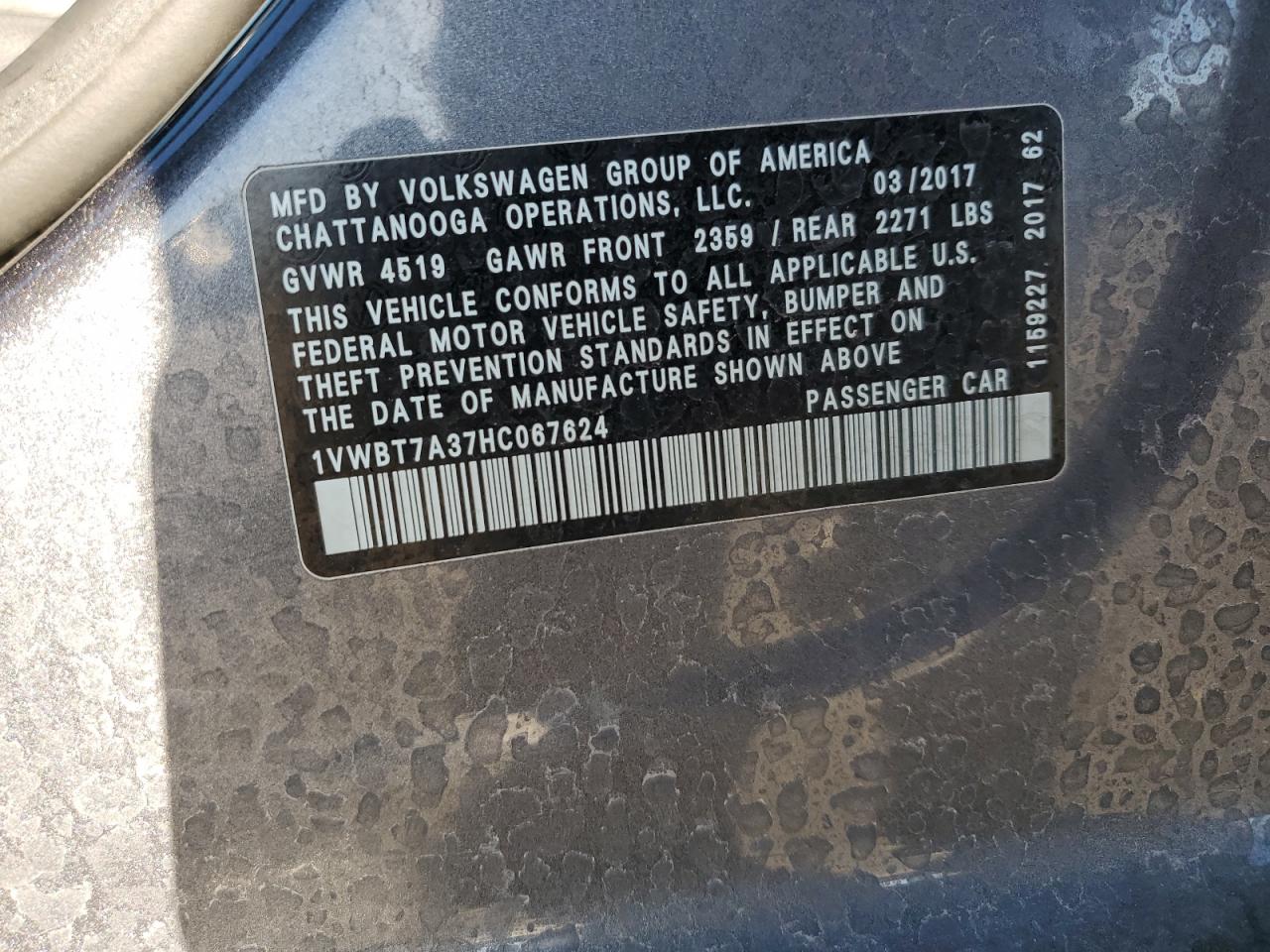 2017 Volkswagen Passat Se VIN: 1VWBT7A37HC067624 Lot: 92442155