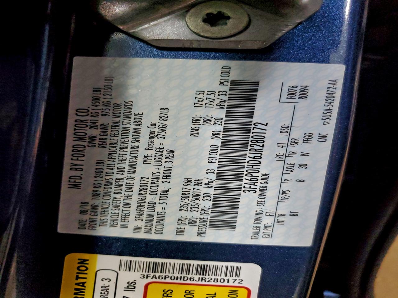 2018 Ford Fusion Se VIN: 3FA6P0HD6JR280172 Lot: 93153635