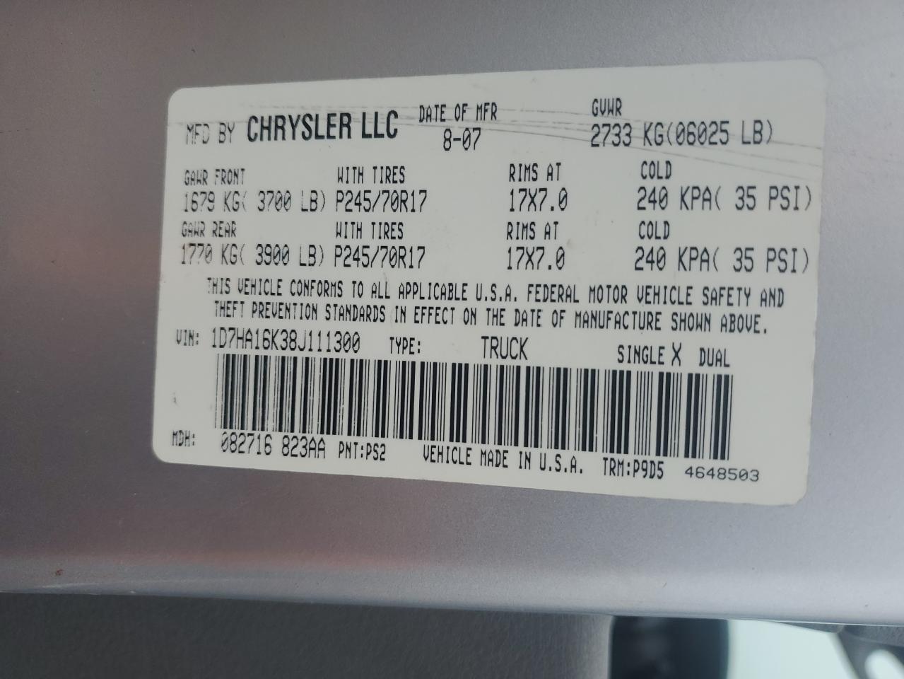 2008 Dodge Ram 1500 St VIN: 1D7HA16K38J111300 Lot: 93646125