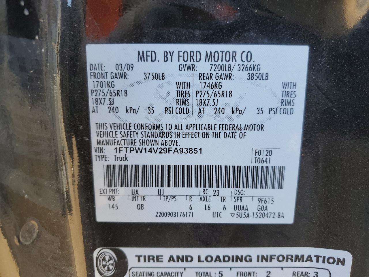 2009 Ford F150 Supercrew VIN: 1FTPW14V29FA93851 Lot: 91920215