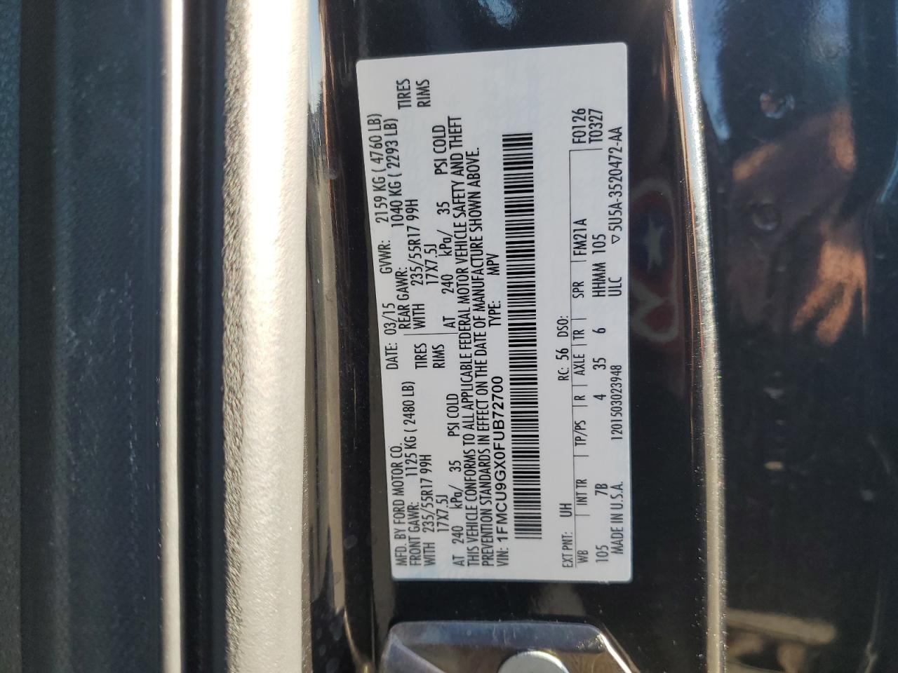 2015 Ford Escape Se VIN: 1FMCU9GX0FUB72700 Lot: 93203395