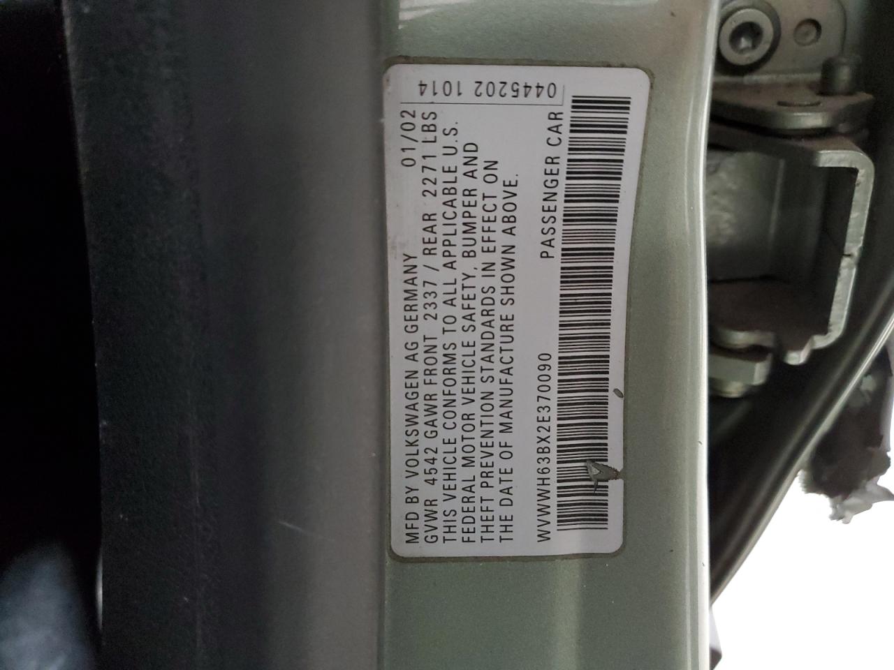 2002 Volkswagen Passat Glx VIN: WVWWH63BX2E370090 Lot: 92849745