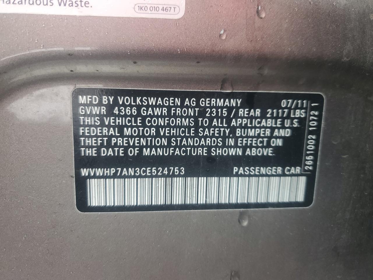 2012 Volkswagen Cc Luxury VIN: WVWHP7AN3CE524753 Lot: 90991865