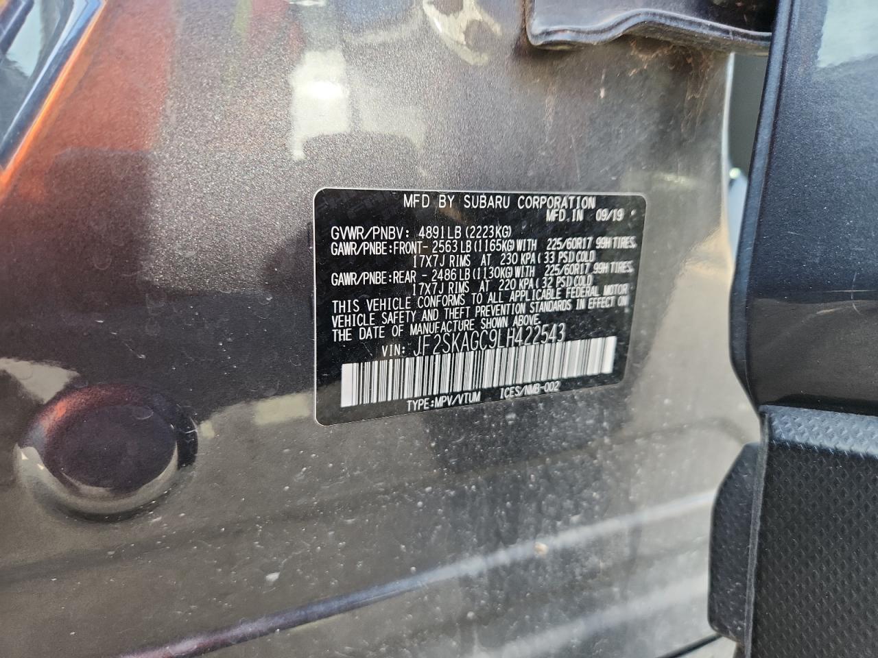 2020 Subaru Forester Premium VIN: JF2SKAGC9LH422543 Lot: 92836275