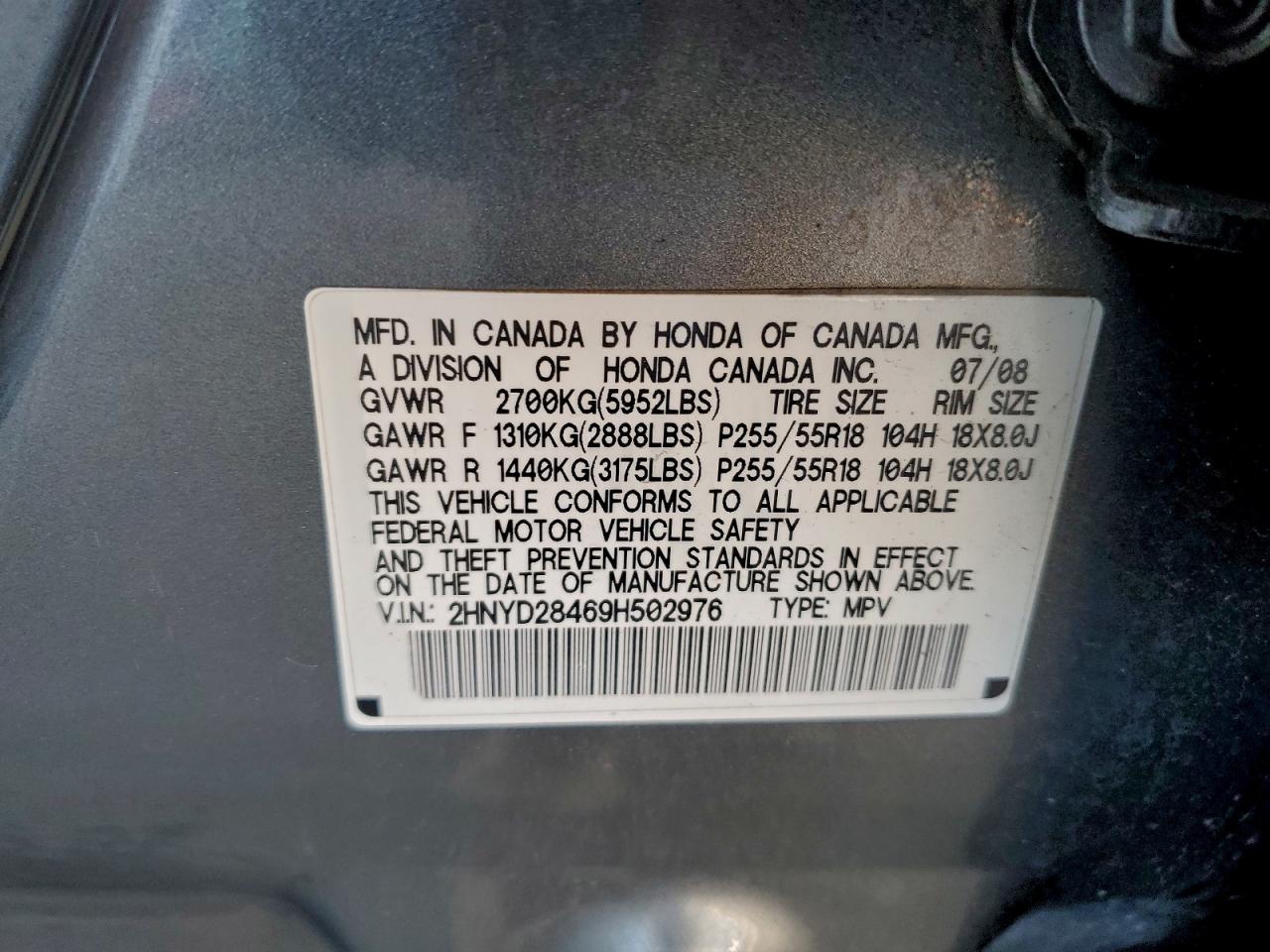 2009 Acura Mdx Technology VIN: 2HNYD28469H502976 Lot: 94134655