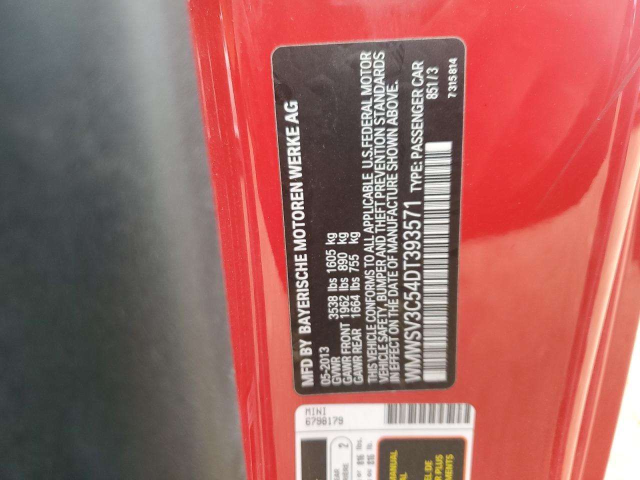 2013 Mini Cooper S VIN: WMWSV3C54DT393571 Lot: 92914015