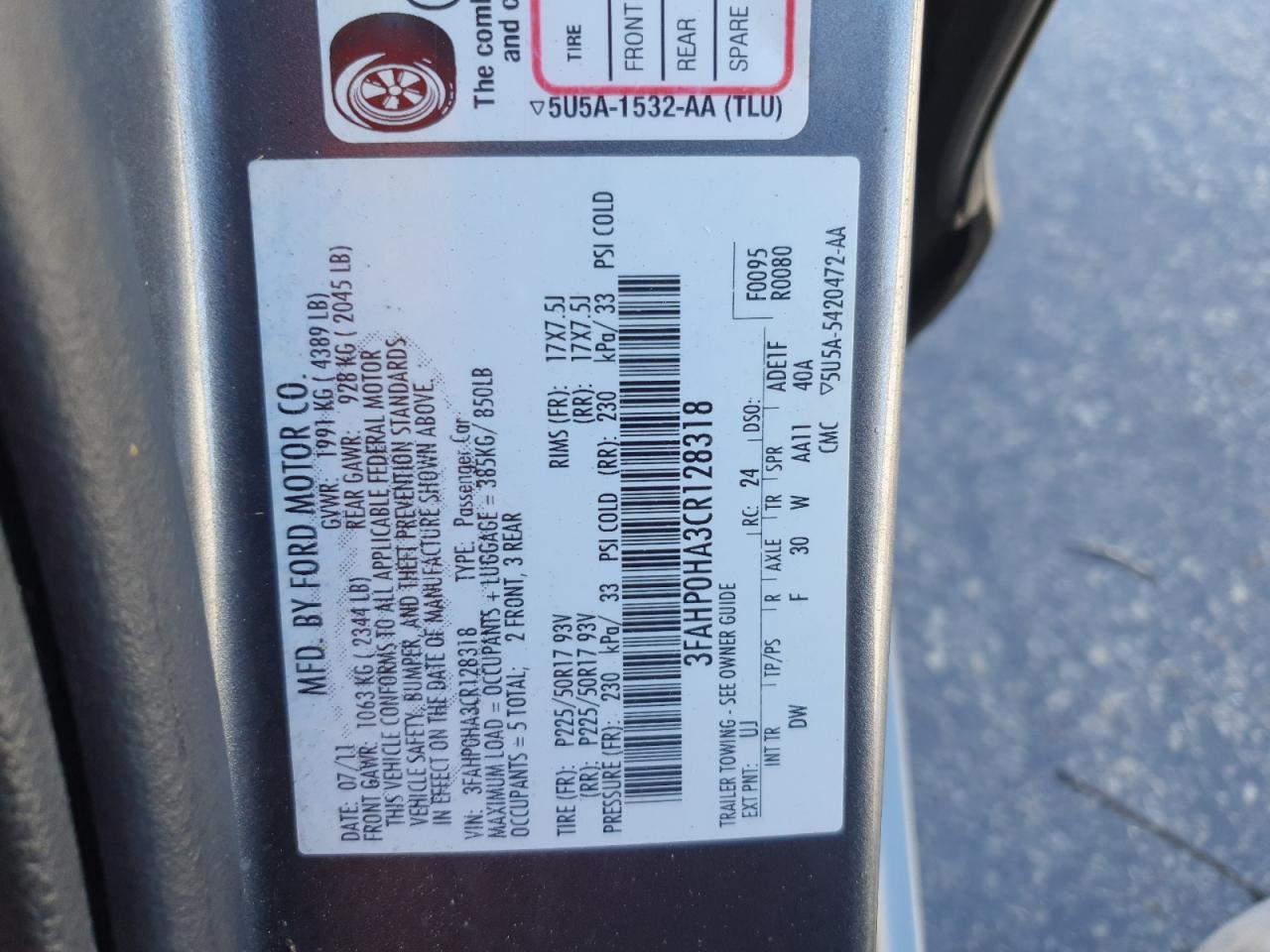 2012 Ford Fusion Se VIN: 3FAHP0HA3CR128318 Lot: 92389375