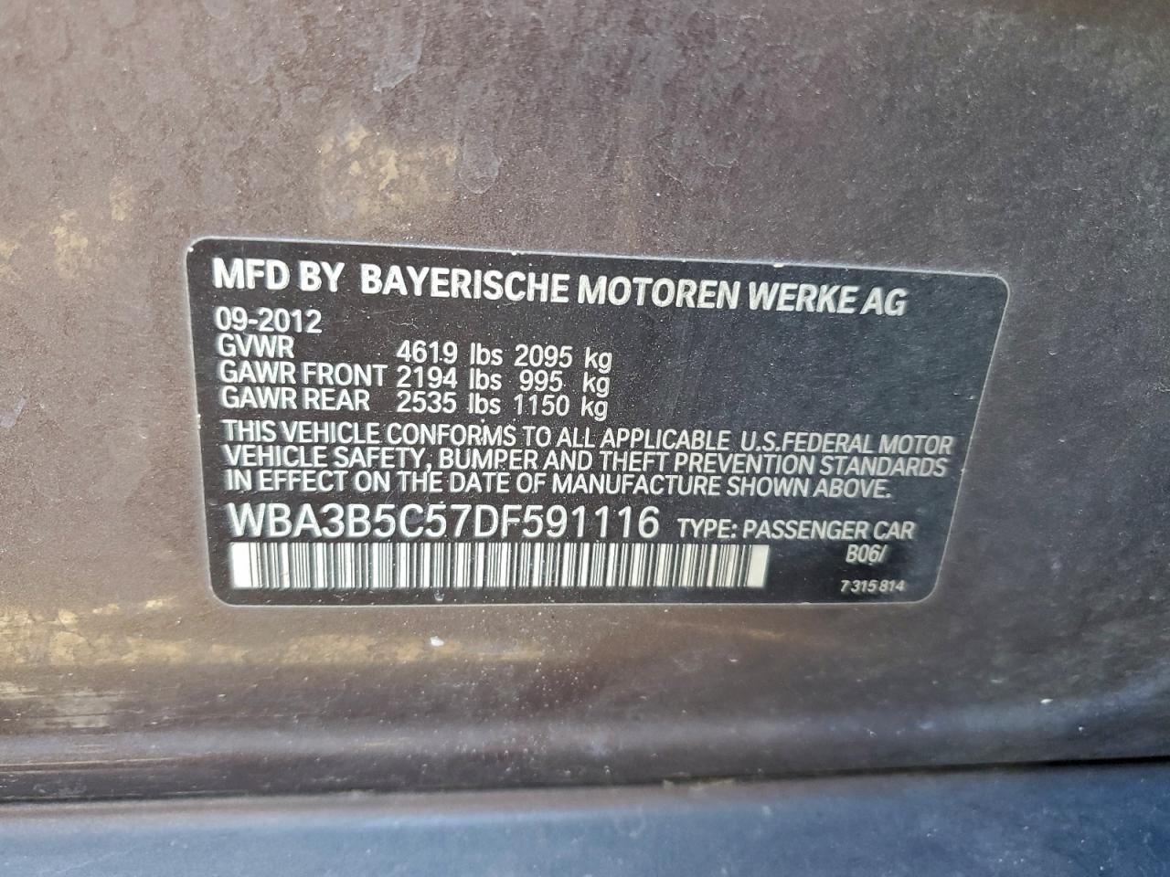 2013 BMW 328 Xi Sulev VIN: WBA3B5C57DF591116 Lot: 94631165