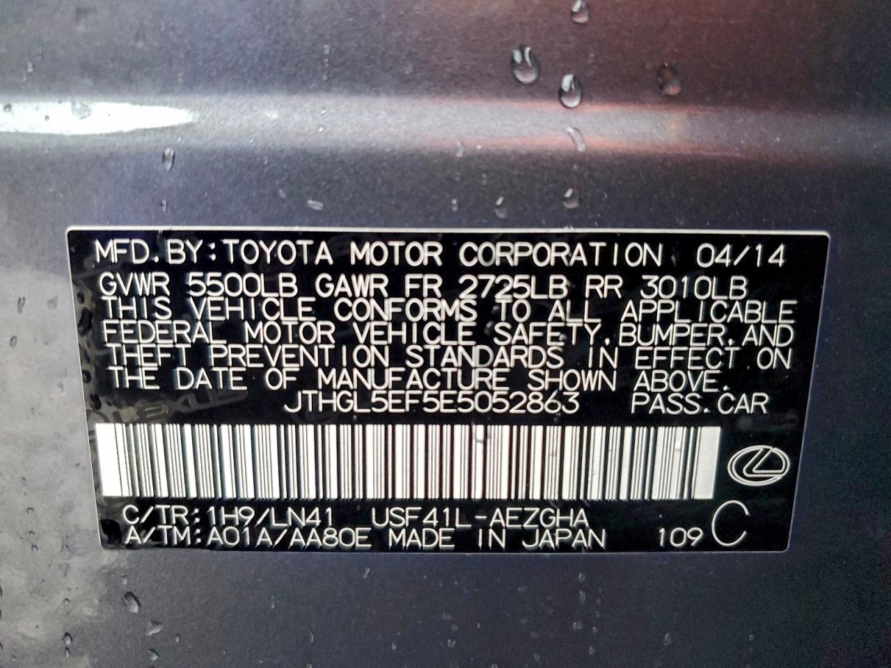 2014 Lexus Ls 460L VIN: JTHGL5EF5E5052863 Lot: 93345475