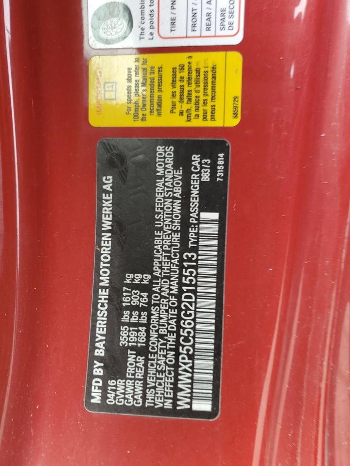2016 Mini Cooper VIN: WMWXP5C56G2D15513 Lot: 92409405