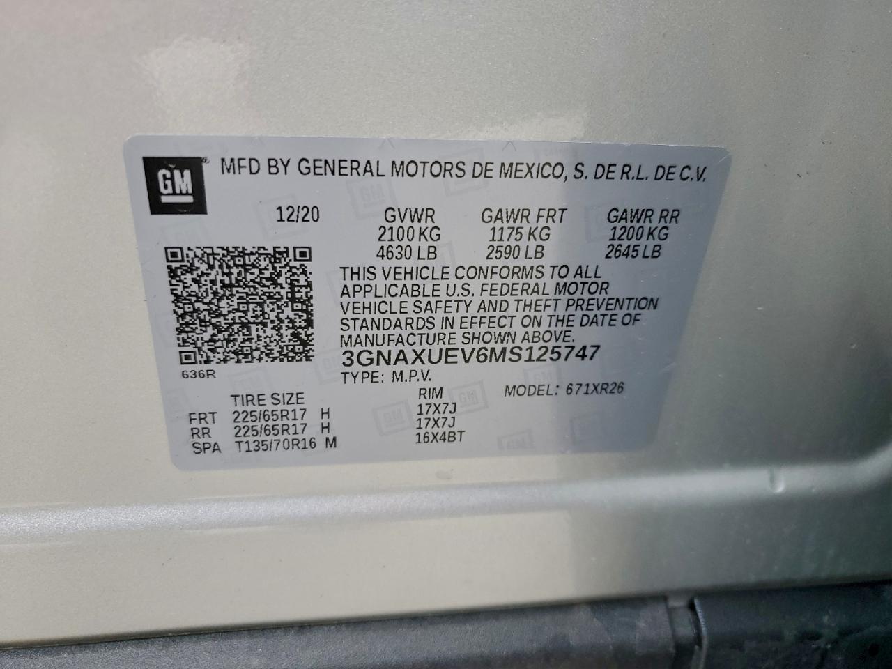 2021 Chevrolet Equinox Lt VIN: 3GNAXUEV6MS125747 Lot: 93901425