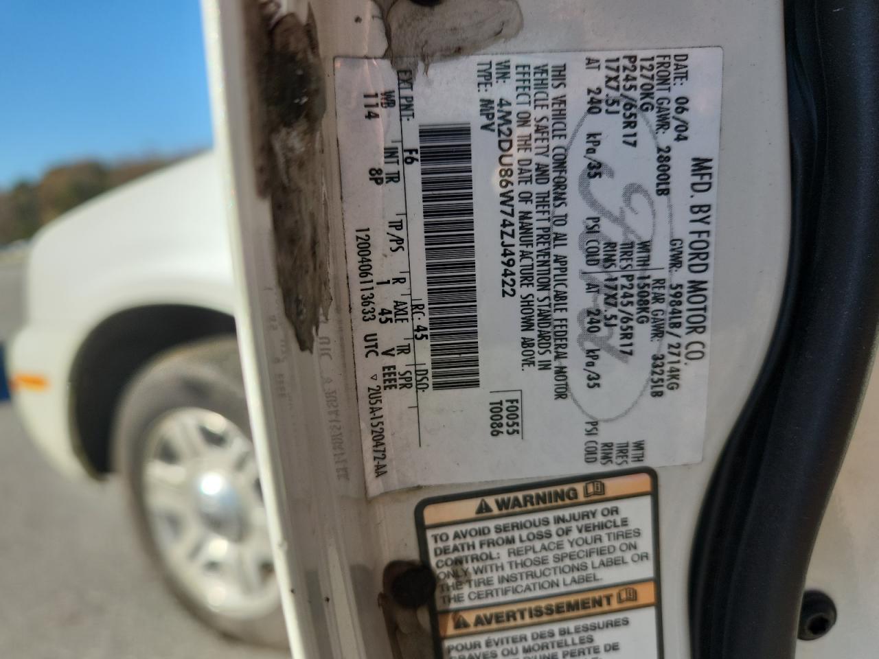 2004 Mercury Mountaineer VIN: 4M2DU86W74ZJ49422 Lot: 93185555