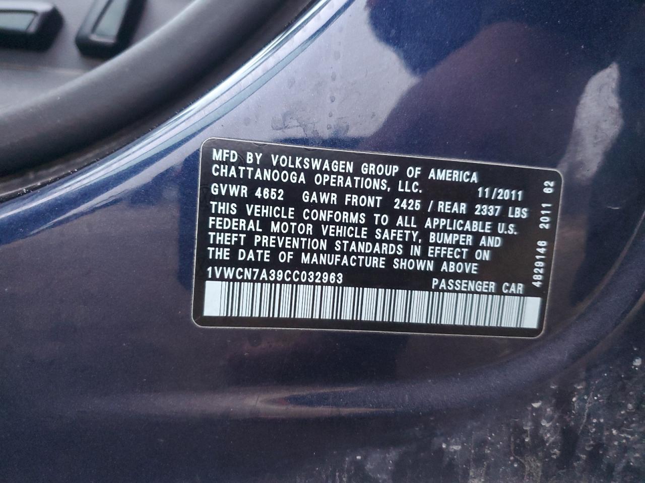 2012 Volkswagen Passat Sel VIN: 1VWCN7A39CC032963 Lot: 93907215
