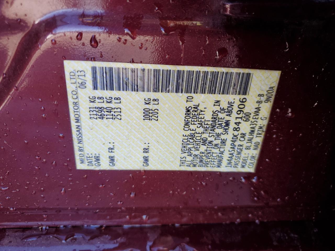 2013 Nissan Maxima S VIN: 1N4AA5AP4DC841906 Lot: 91109875