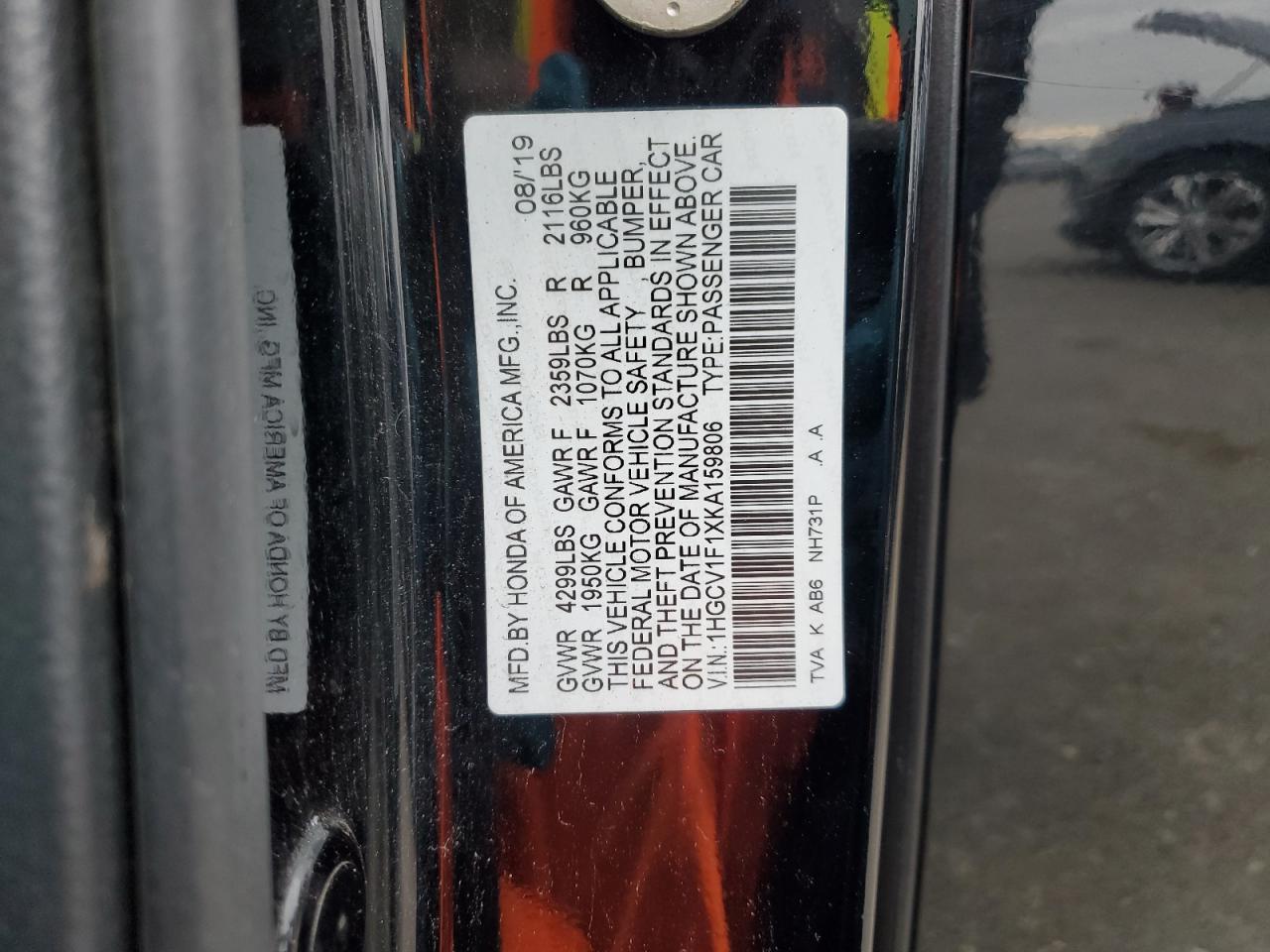 2019 Honda Accord Lx VIN: 1HGCV1F1XKA159806 Lot: 93550385