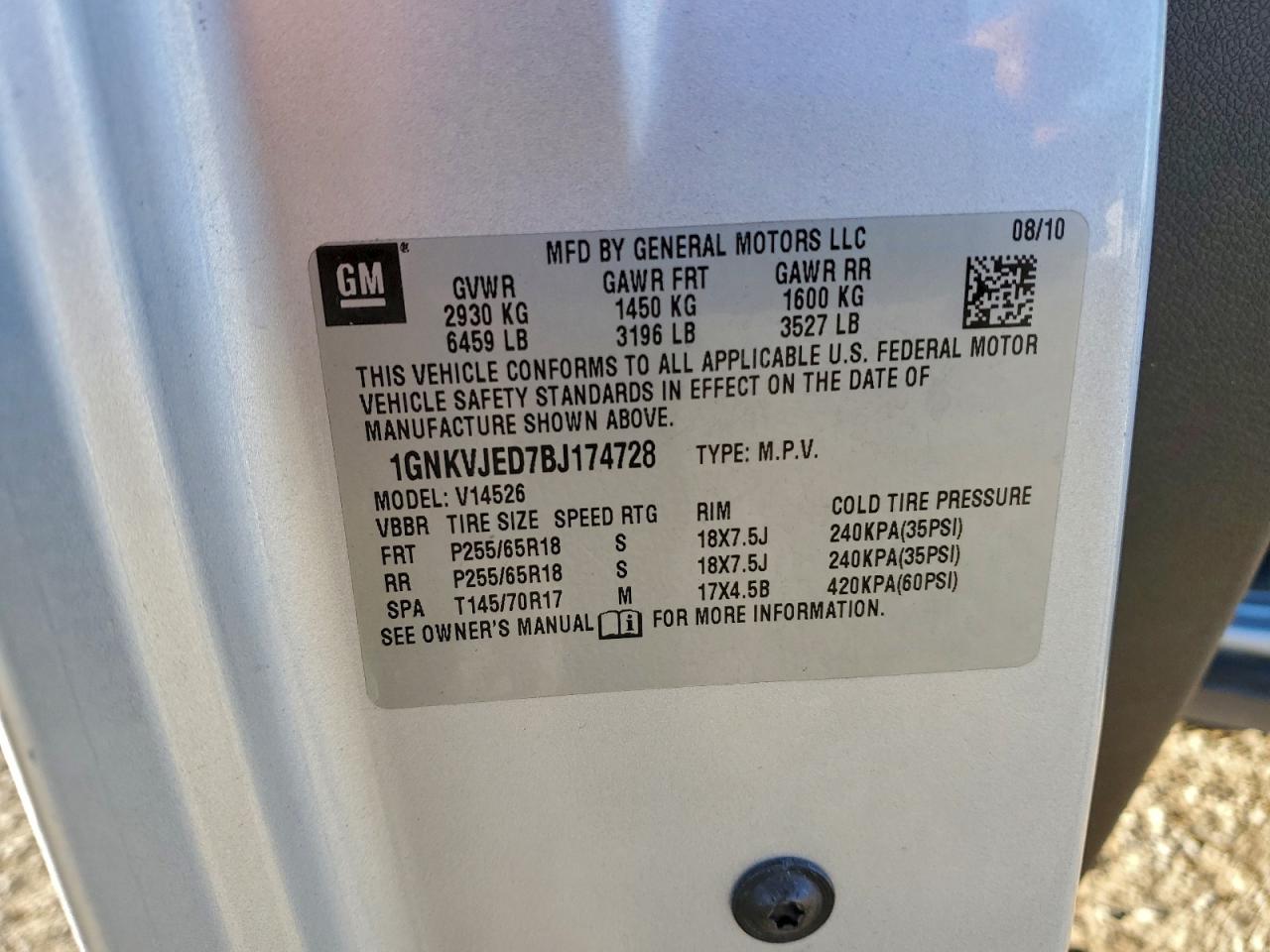 2011 Chevrolet Traverse Lt VIN: 1GNKVJED7BJ174728 Lot: 92974455