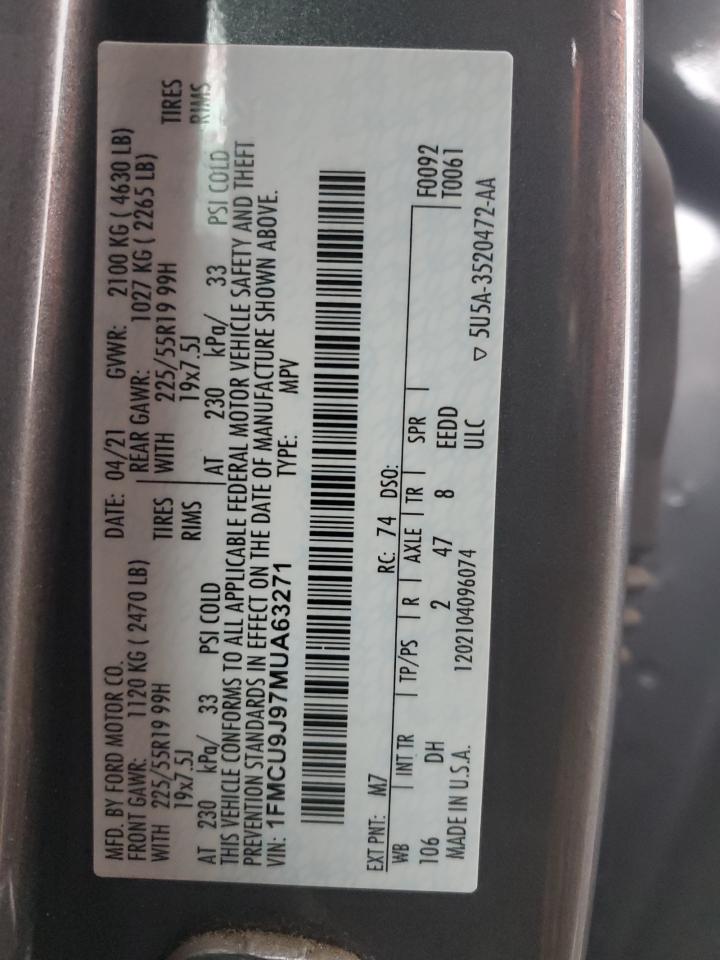 2021 Ford Escape Titanium VIN: 1FMCU9J97MUA63271 Lot: 85437805