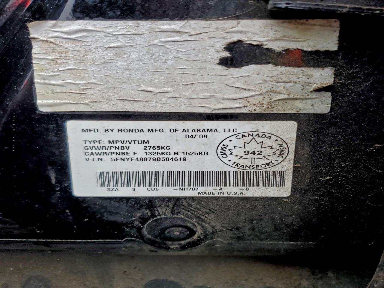 2009 Honda Pilot Touring VIN: 5FNYF48979B504619 Lot: 94499265