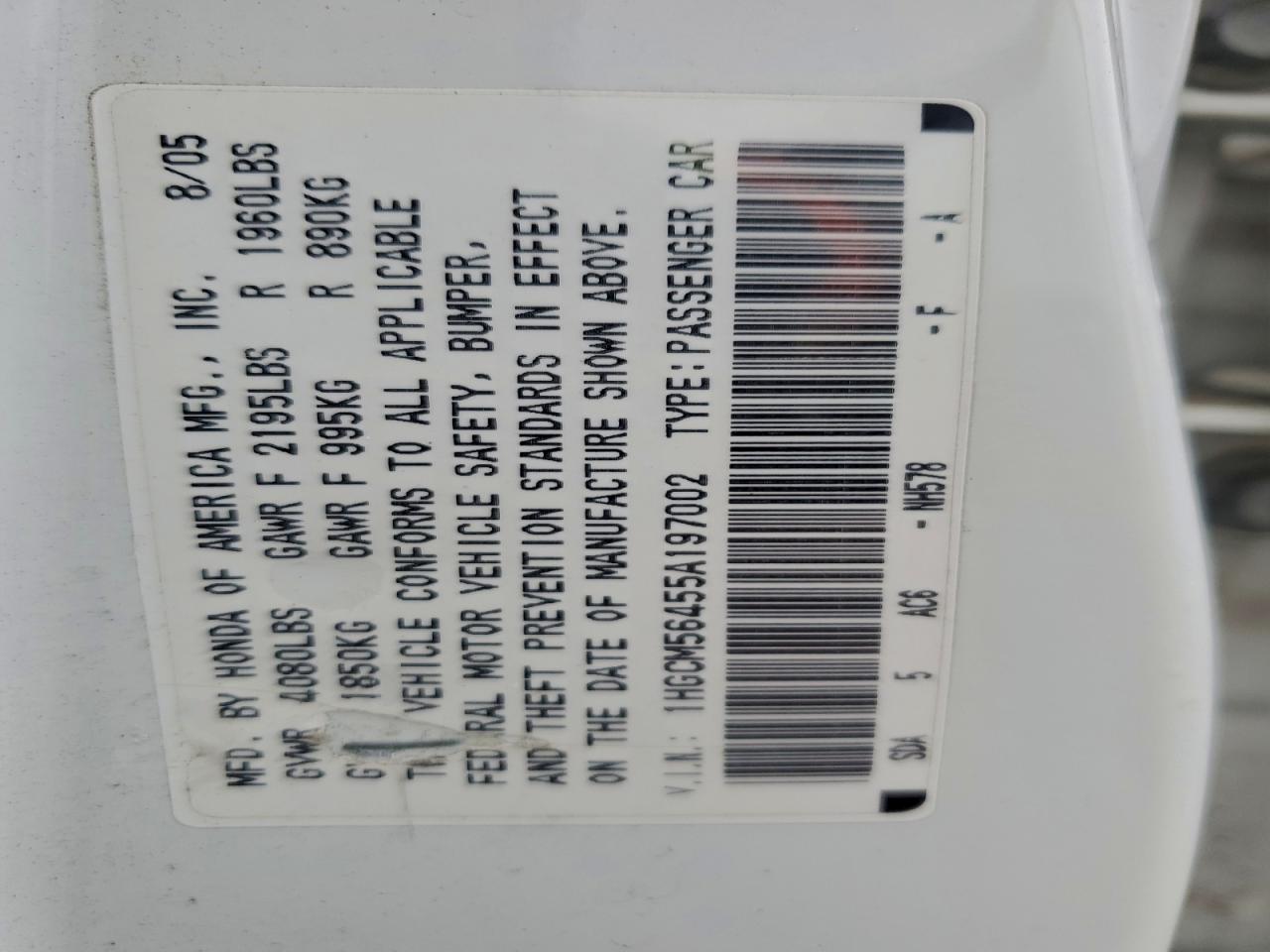 2005 Honda Accord Lx VIN: 1HGCM56455A197002 Lot: 93853355