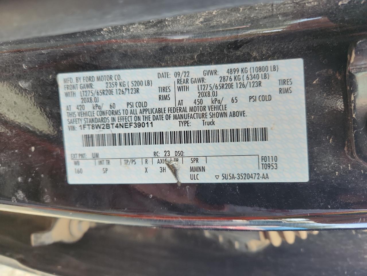 2022 Ford F250 Super Duty VIN: 1FT8W2BT4NEF39011 Lot: 92271195