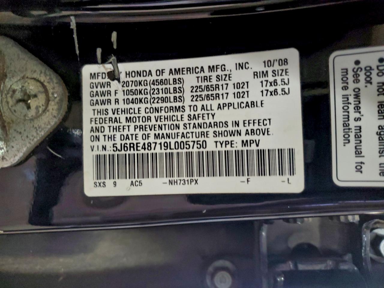 2009 Honda Cr-V Exl VIN: 5J6RE48719L005750 Lot: 94140115