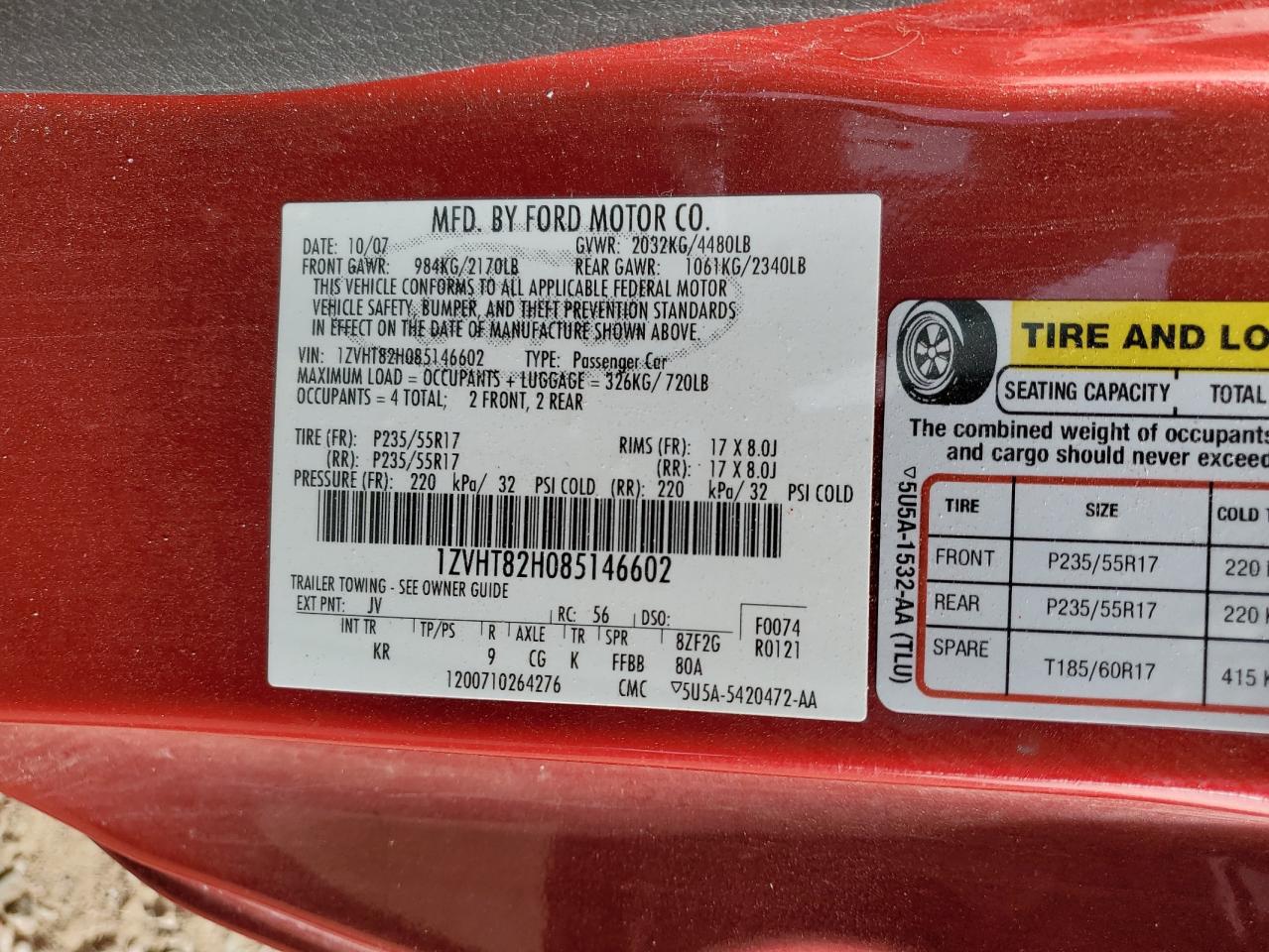 2008 Ford Mustang Gt VIN: 1ZVHT82H085146602 Lot: 92092455