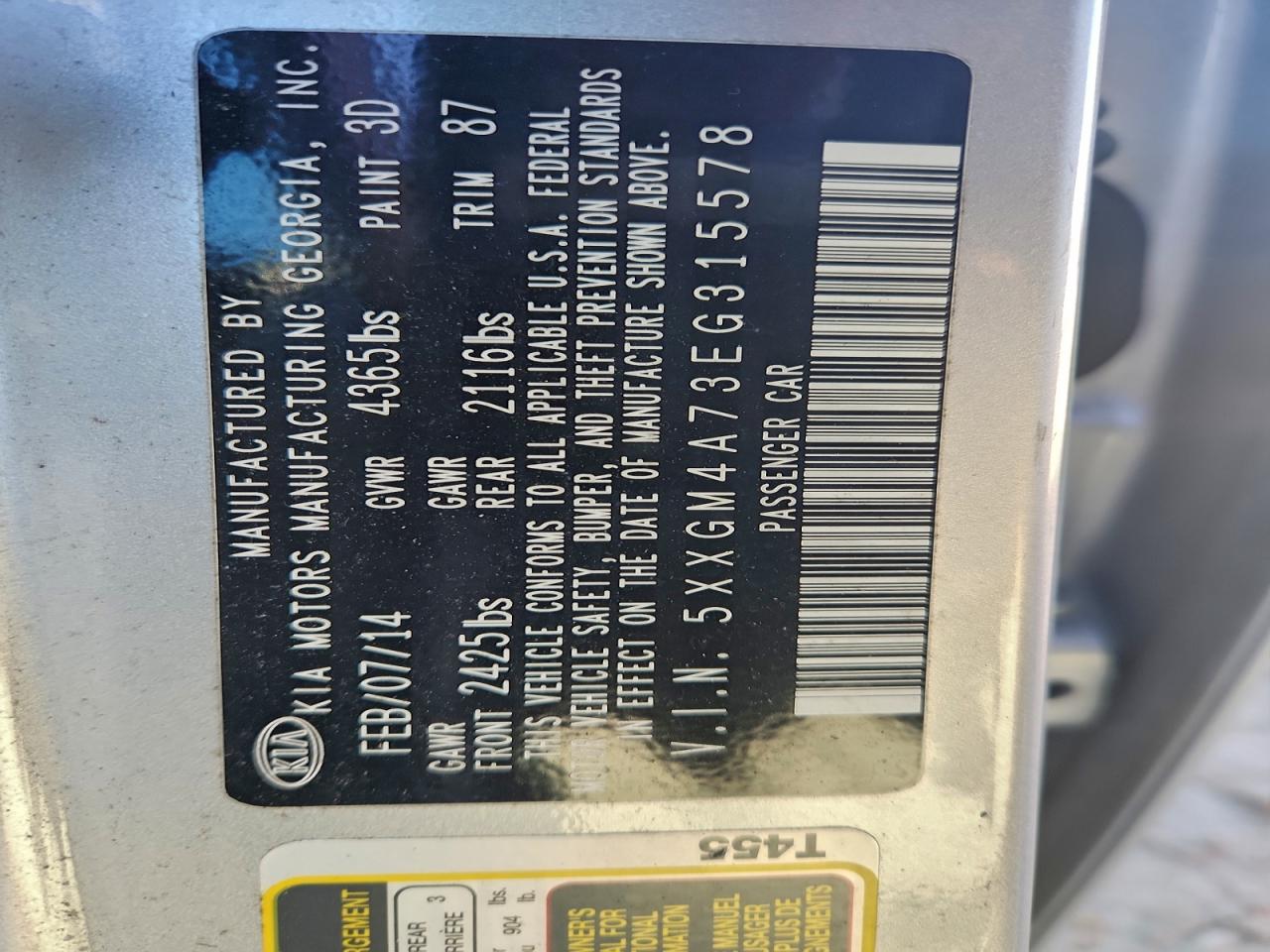 2014 Kia Optima Lx VIN: 5XXGM4A73EG315578 Lot: 93672925