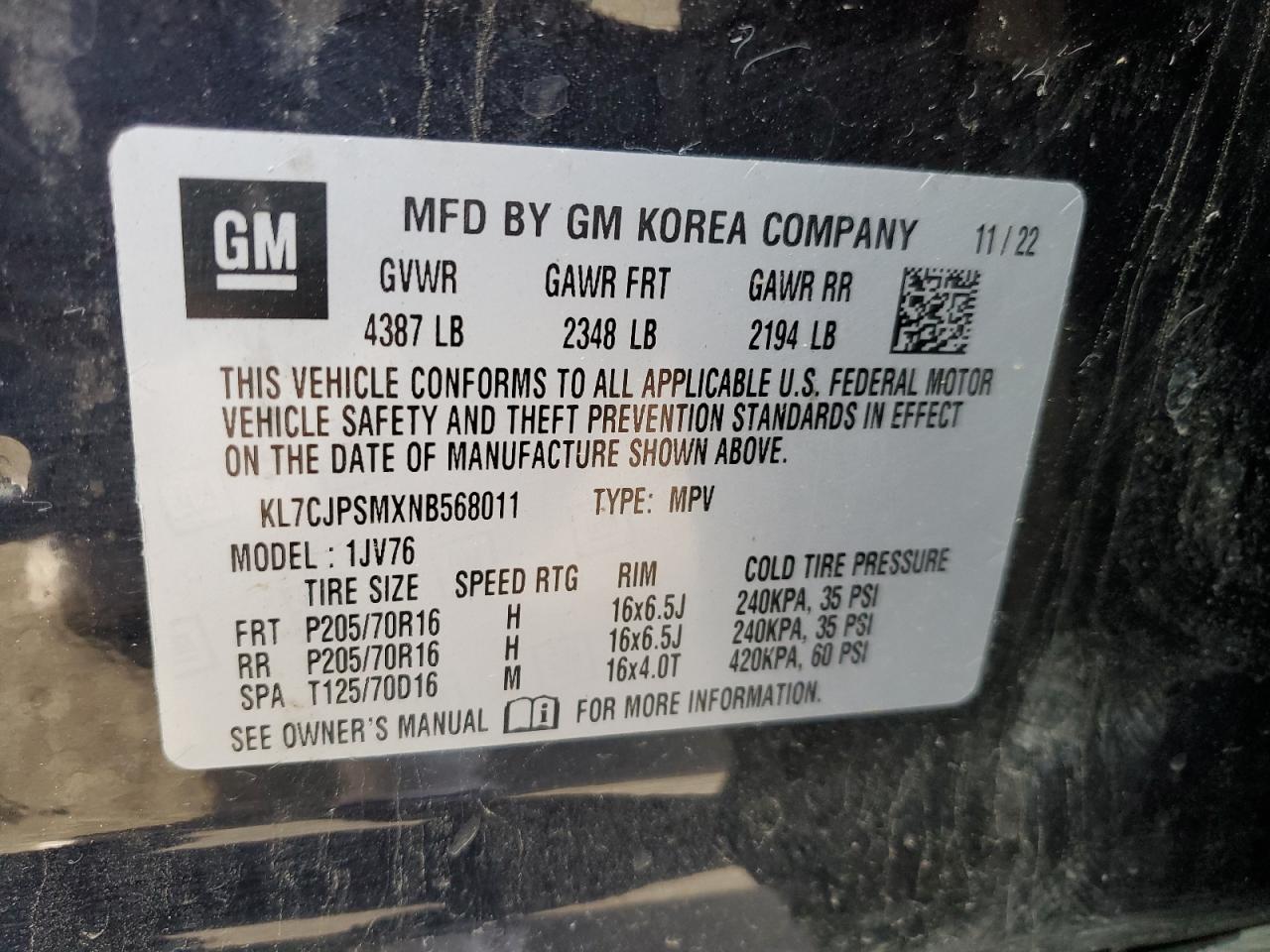 2022 Chevrolet Trax 1Lt VIN: KL7CJPSMXNB568011 Lot: 93522435