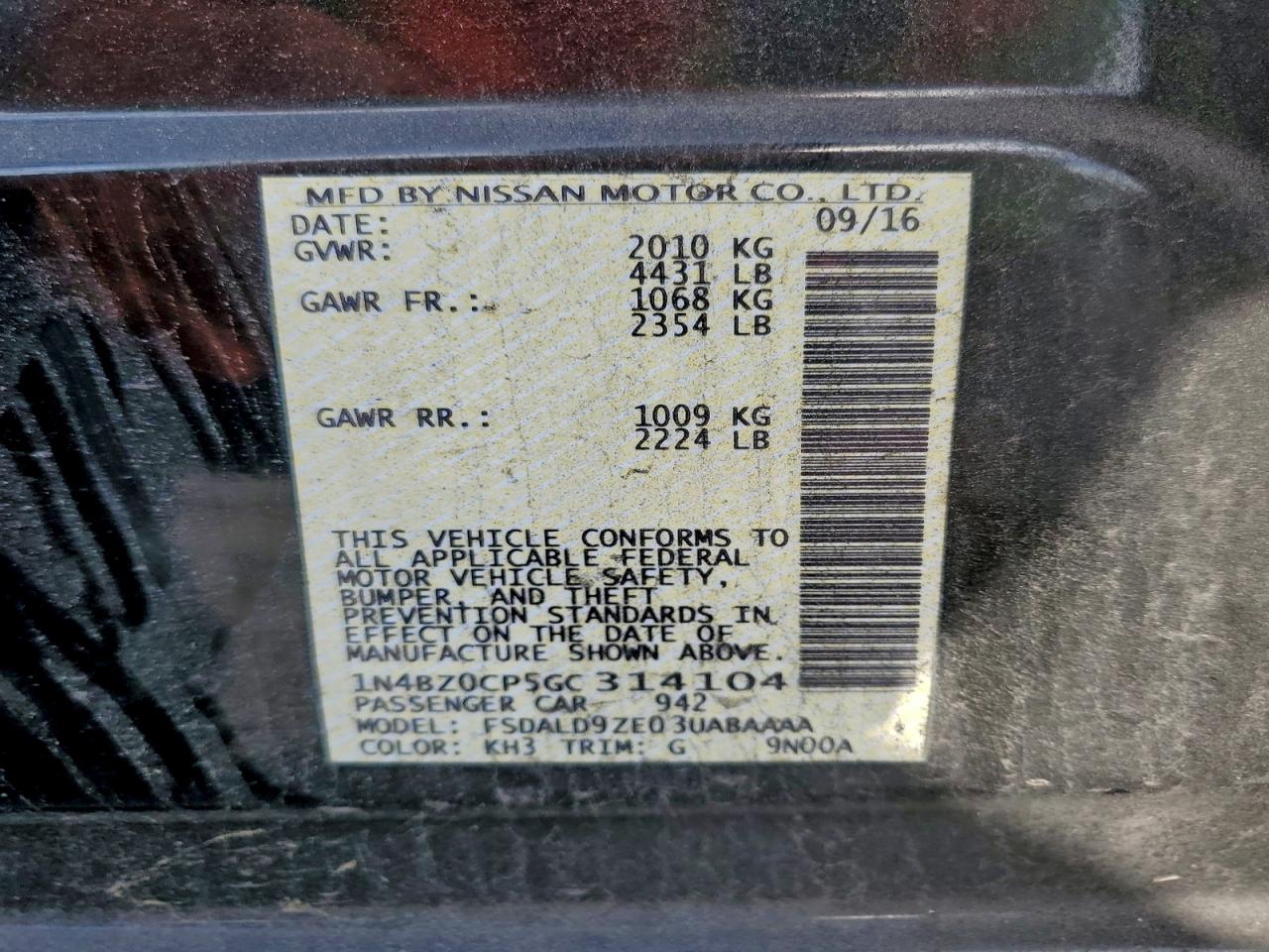 2016 Nissan Leaf Sv VIN: 1N4BZ0CP5GC314104 Lot: 94573855