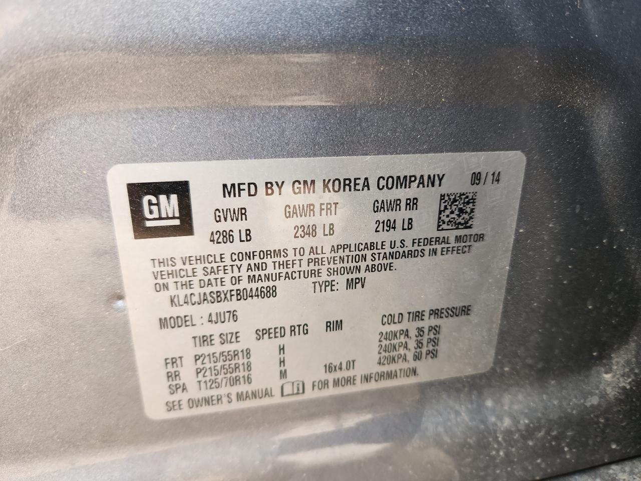 2015 Buick Encore VIN: KL4CJASBXFB044688 Lot: 92384235