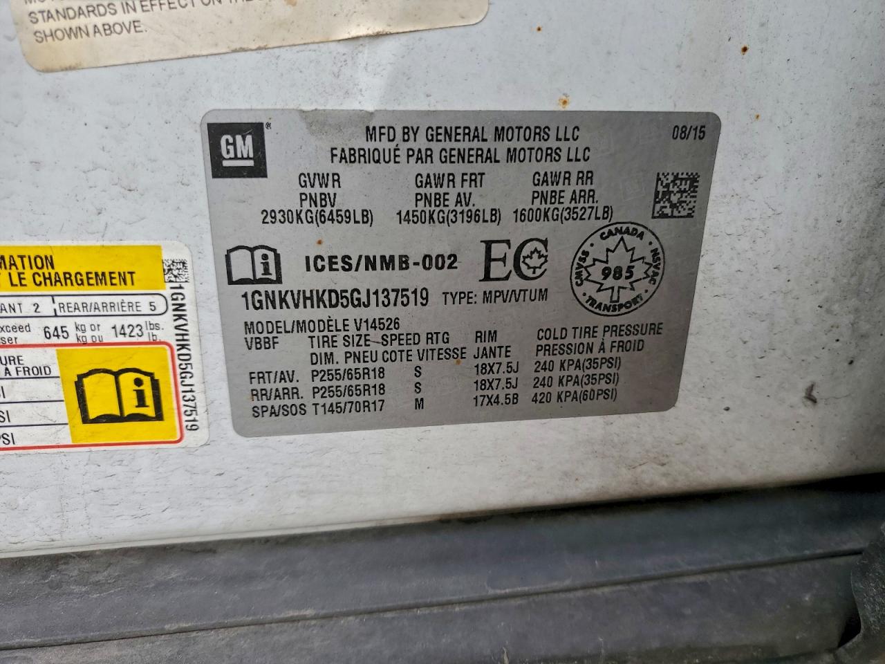 2016 Chevrolet Traverse Lt VIN: 1GNKVHKD5GJ137519 Lot: 93715125