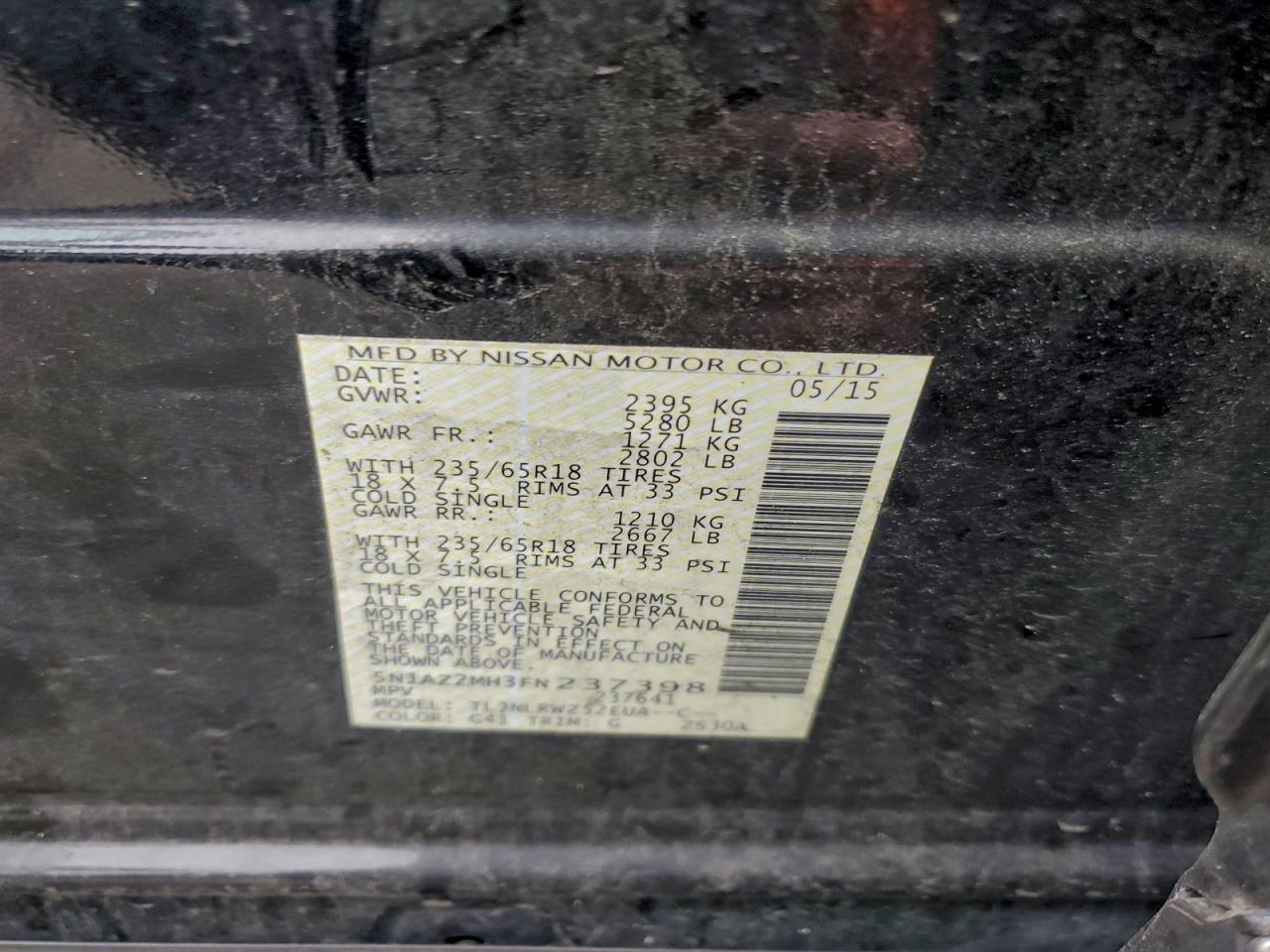 2015 Nissan Murano S VIN: 5N1AZ2MH3FN237398 Lot: 92619375